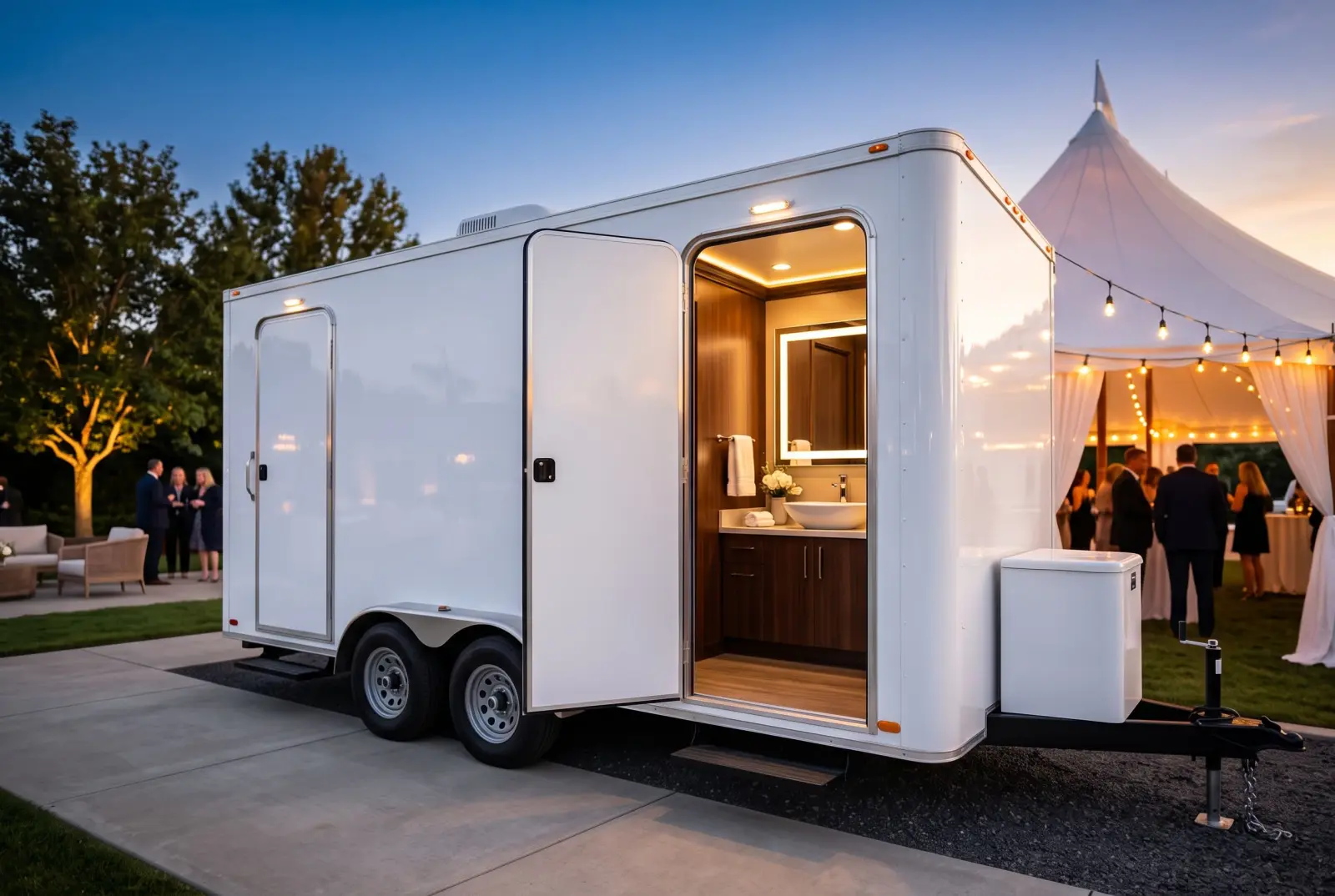 Upscale restroom trailer with interior lighting at a VIP outdoor event
