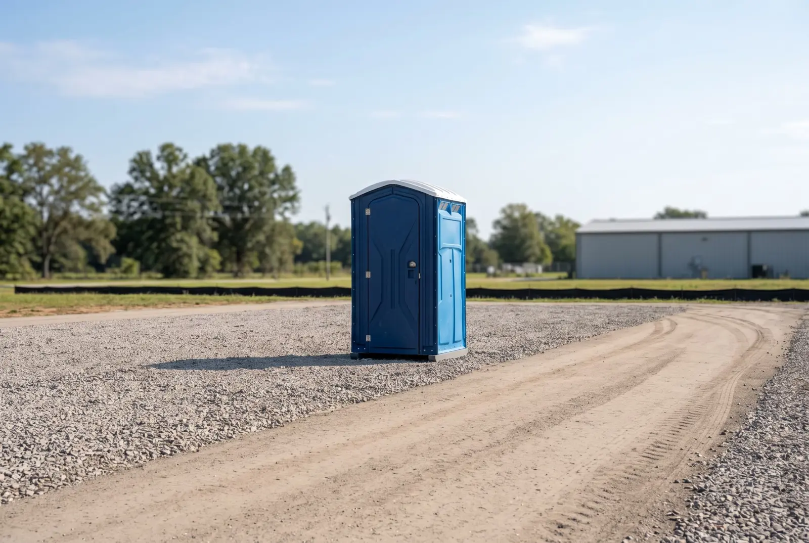 Portable toilet correctly placed on flat, level ground with clear truck access