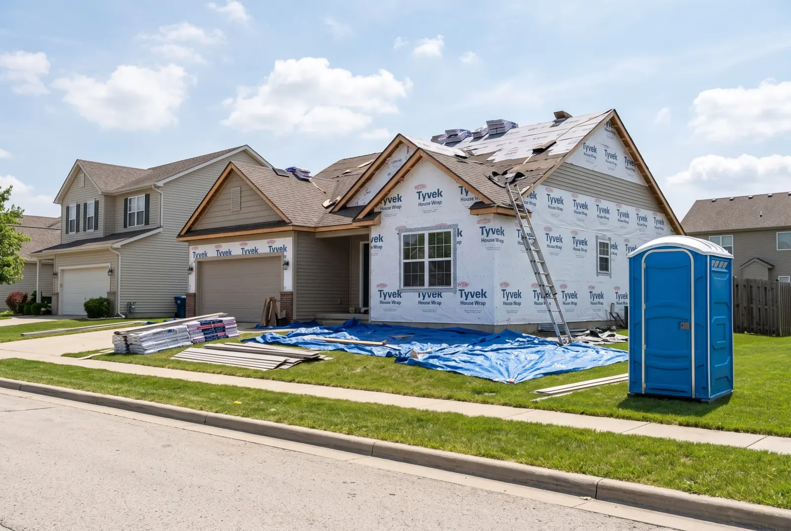 Portable toilet beside a house undergoing a remodel