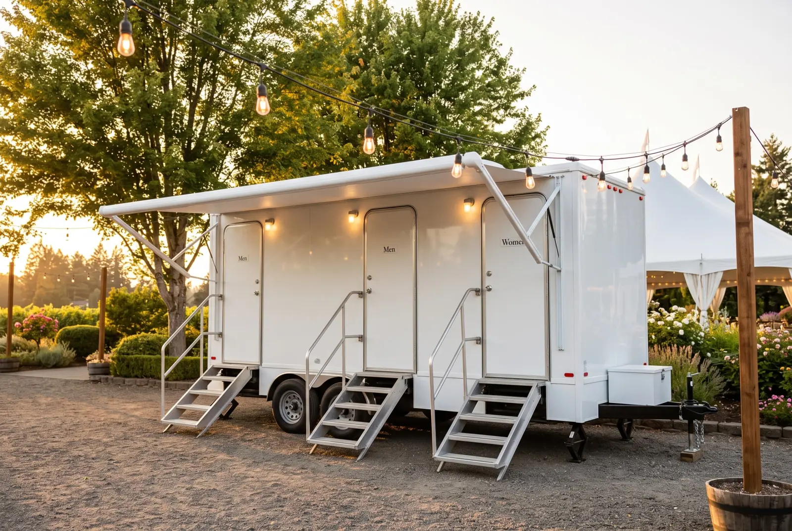 Multi-stall restroom trailer parked at an event venue